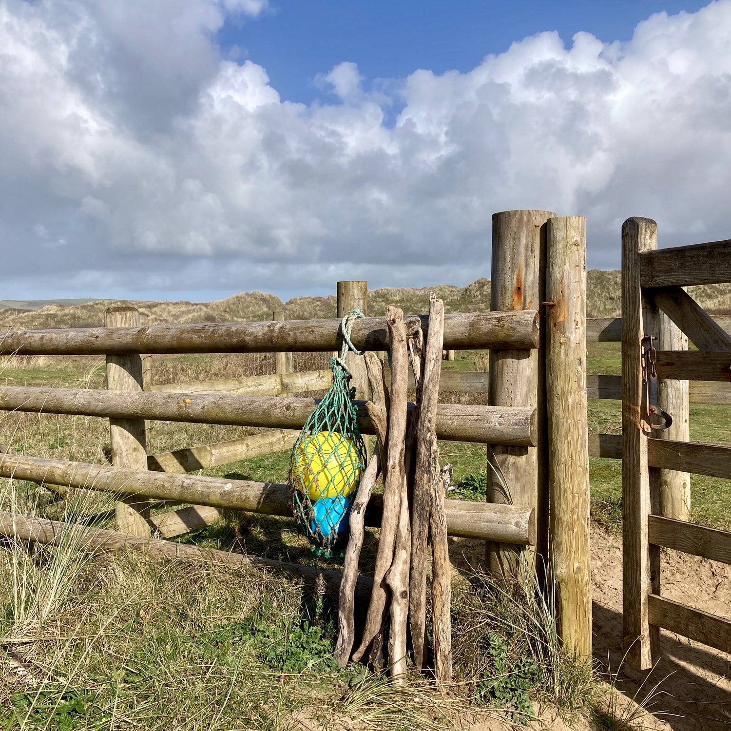 Pieces of driftwood and buoys against a wooden fence, beach-combed from Braunton Burrows and Saunton Sands, ready for using in sustainable coastal art.