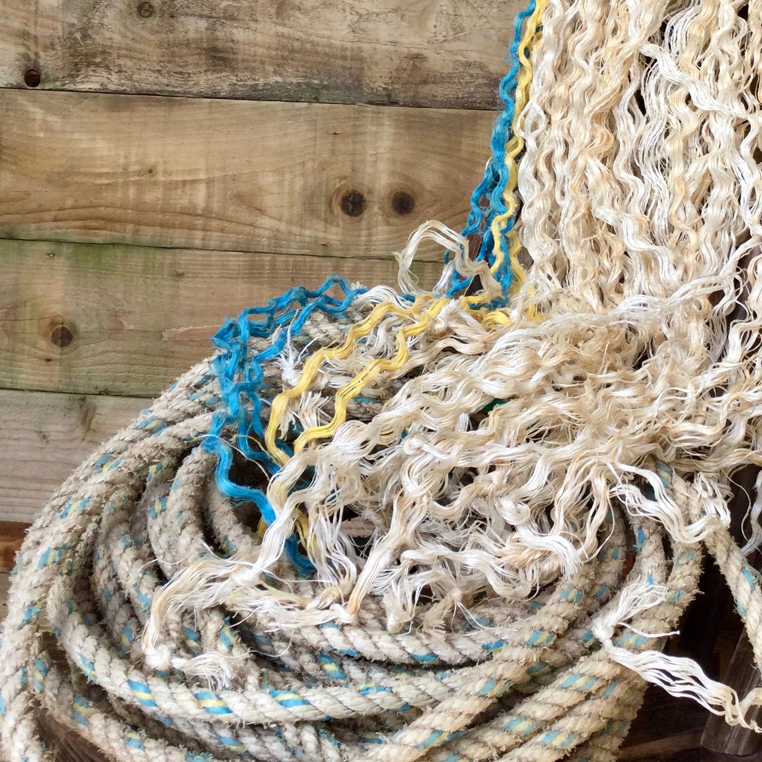 Time worn, weathered pile of fishing rope and separated strands ready to work with. In aged white and sun-softened blue and yellow.