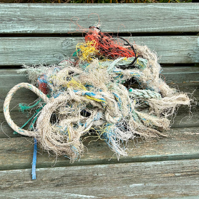 Knotted beach-combed fishing ghost gear collected from Woolacombe beach before being handcrafted into sustainable coastal wall art.