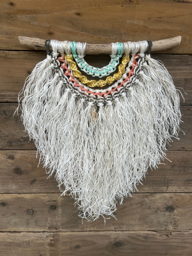 Sustainable macramé wall art handmade from repurposed fishing ropes, in weathered white and reggae inspired tones of green, yellow, red and black, set on driftwood.