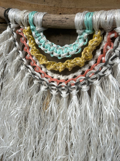 Detailed shot of reggae inspired coastal wall hanging, hand-knotted from ocean waste, set on driftwood.